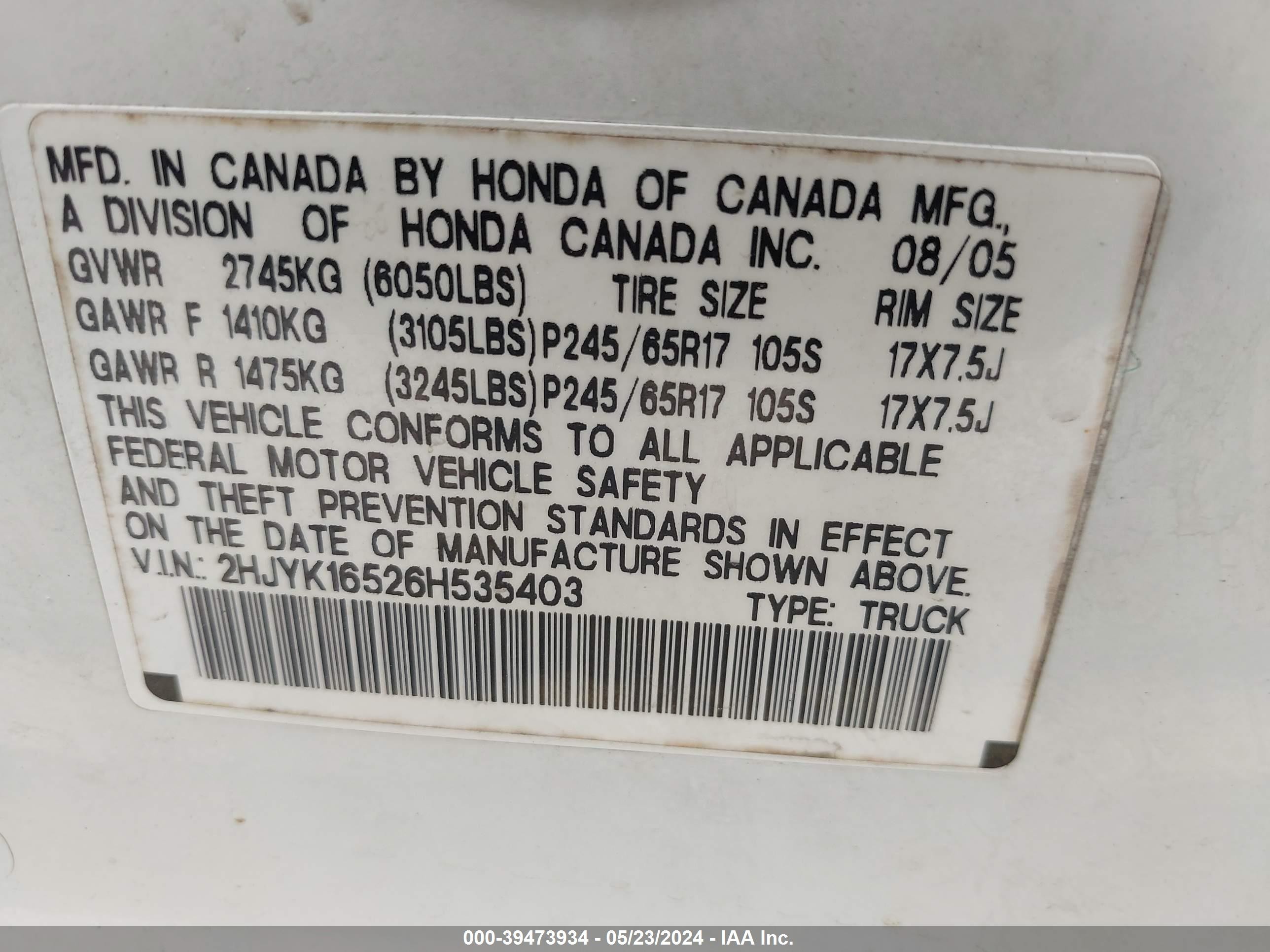 Photo 8 VIN: 2HJYK16526H535403 - HONDA RIDGELINE 