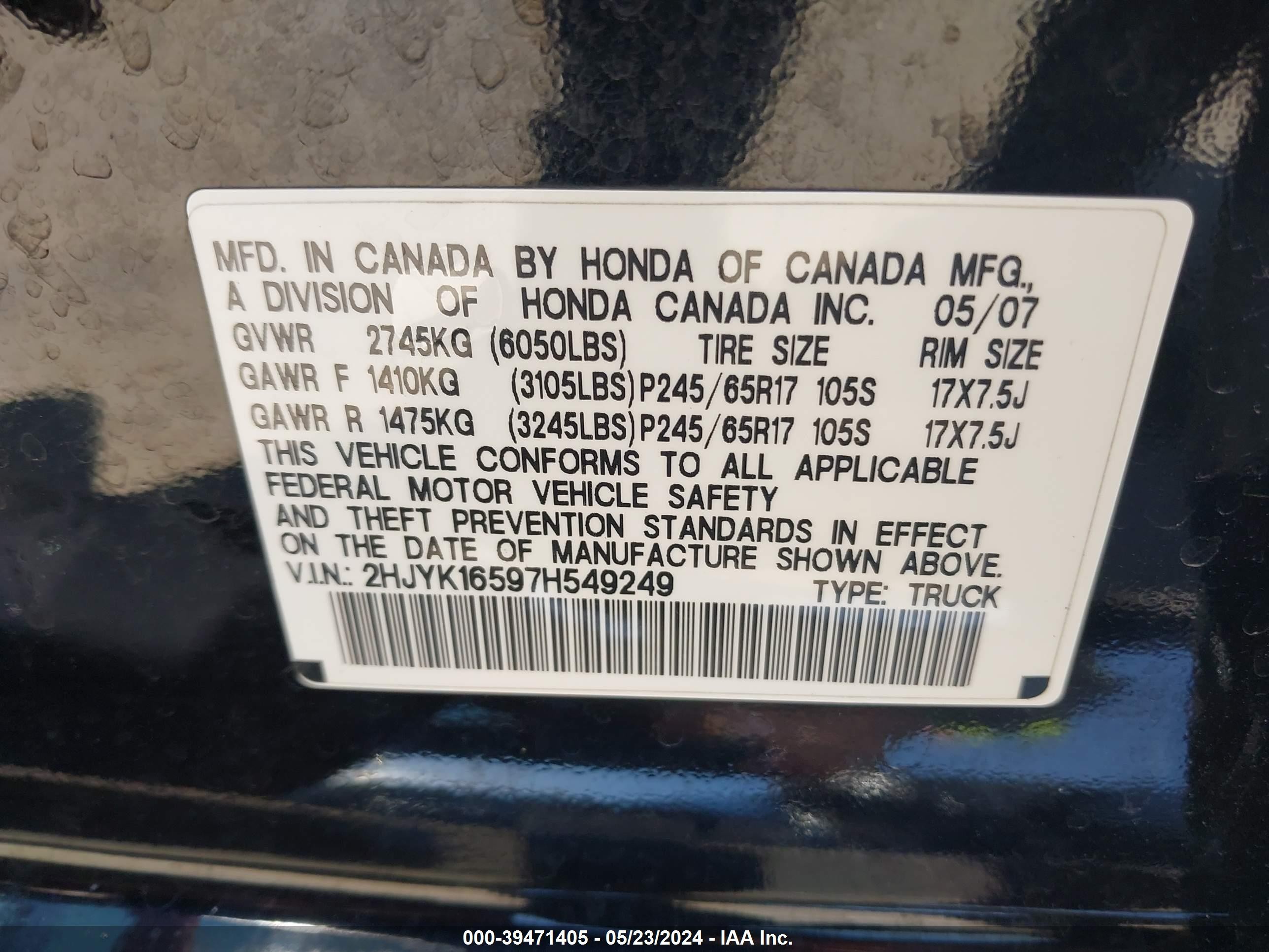 Photo 8 VIN: 2HJYK16597H549249 - HONDA RIDGELINE 