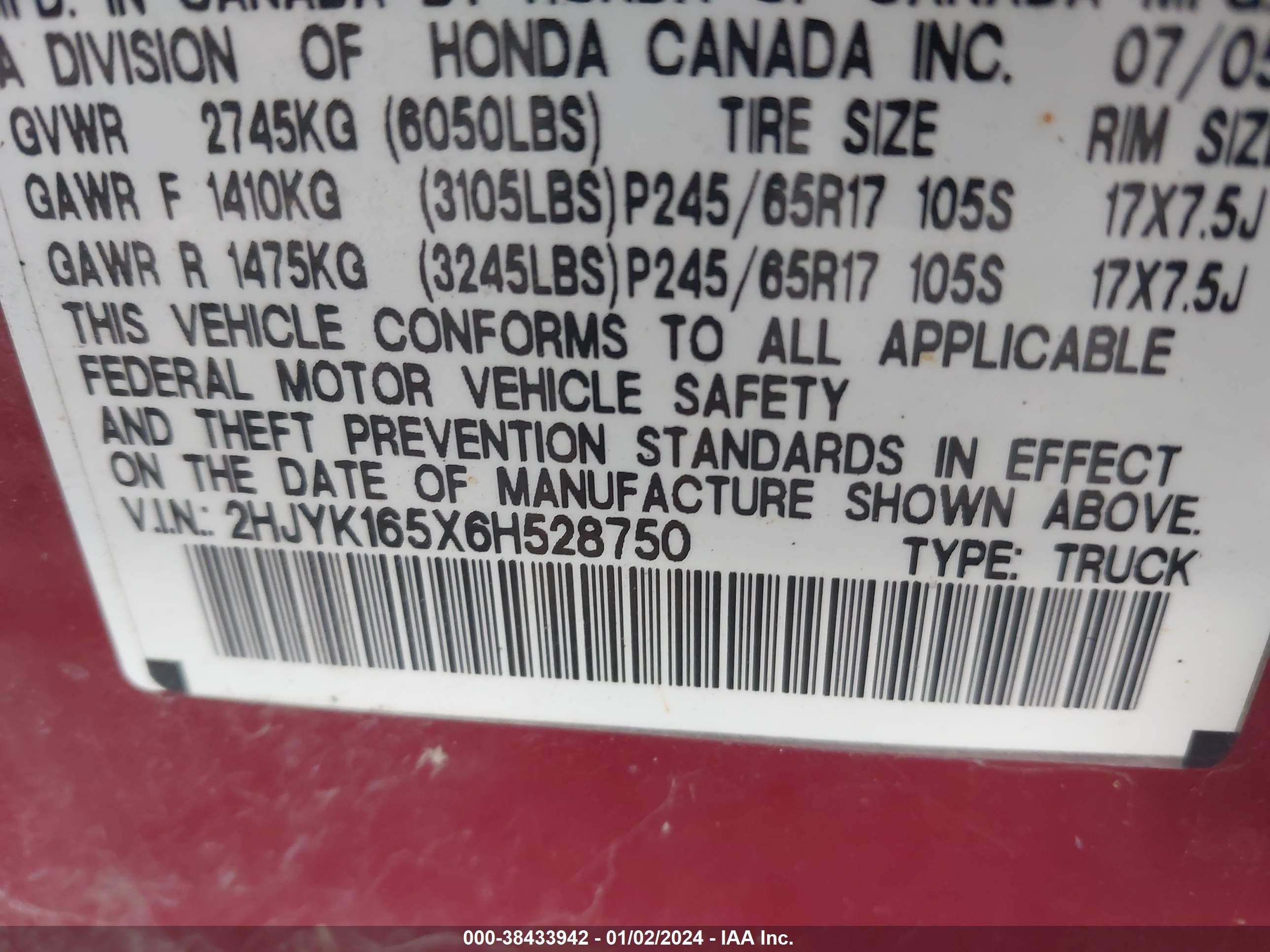 Photo 8 VIN: 2HJYK165X6H528750 - HONDA RIDGELINE 