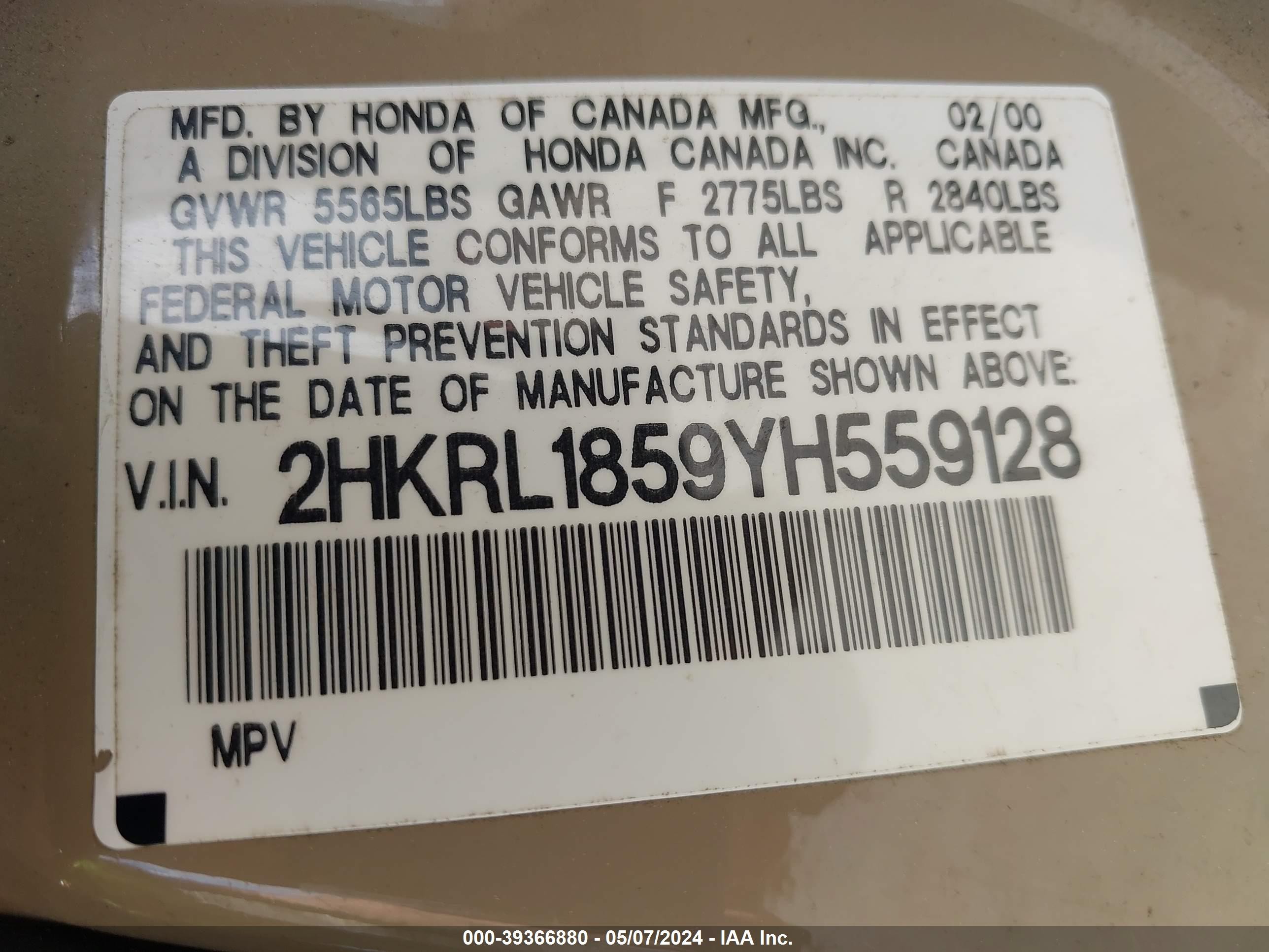 Photo 8 VIN: 2HKRL1859YH559128 - HONDA ODYSSEY 