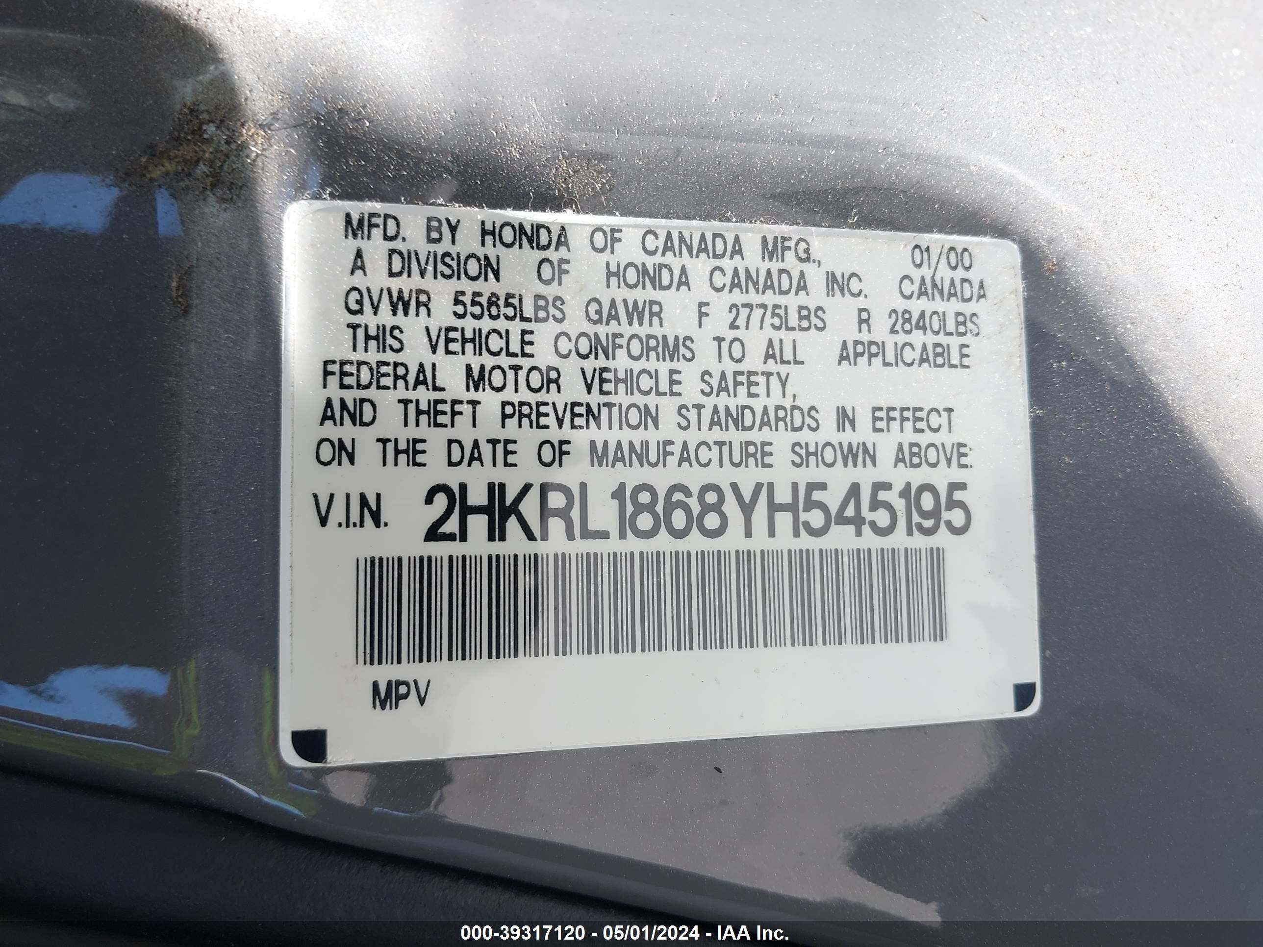 Photo 8 VIN: 2HKRL1868YH545195 - HONDA ODYSSEY 