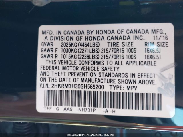 Photo 8 VIN: 2HKRM3H30GH569200 - HONDA CR-V 