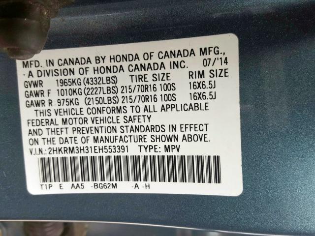 Photo 9 VIN: 2HKRM3H31EH553391 - HONDA CR-V LX 