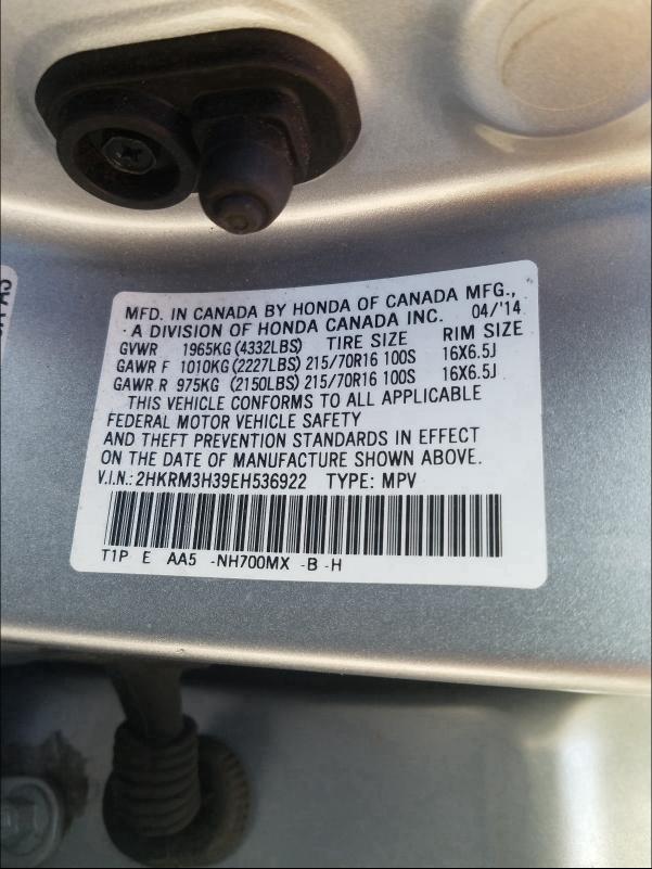 Photo 9 VIN: 2HKRM3H39EH536922 - HONDA CR-V LX 