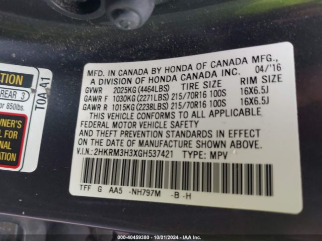 Photo 8 VIN: 2HKRM3H3XGH537421 - HONDA CR-V 