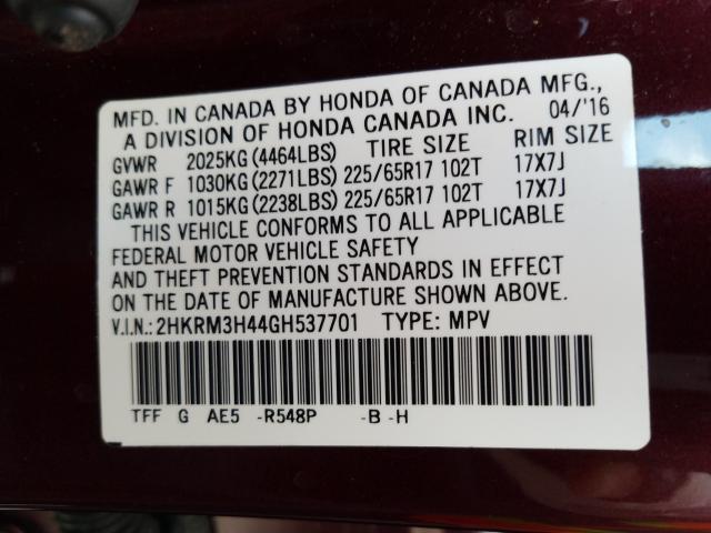 Photo 9 VIN: 2HKRM3H44GH537701 - HONDA CR-V SE 