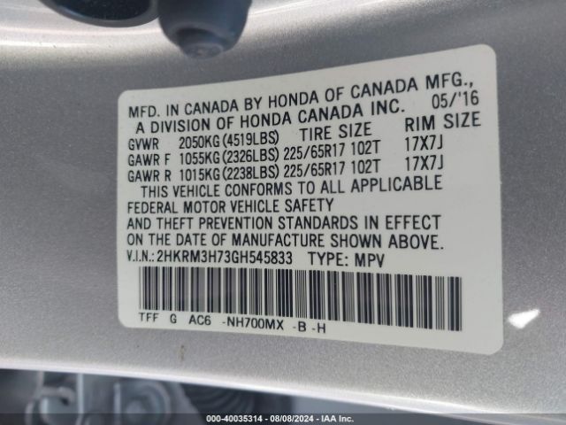 Photo 8 VIN: 2HKRM3H73GH545833 - HONDA CR-V 