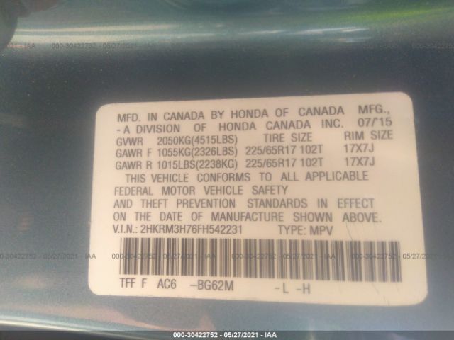 Photo 8 VIN: 2HKRM3H76FH542231 - HONDA CR-V 