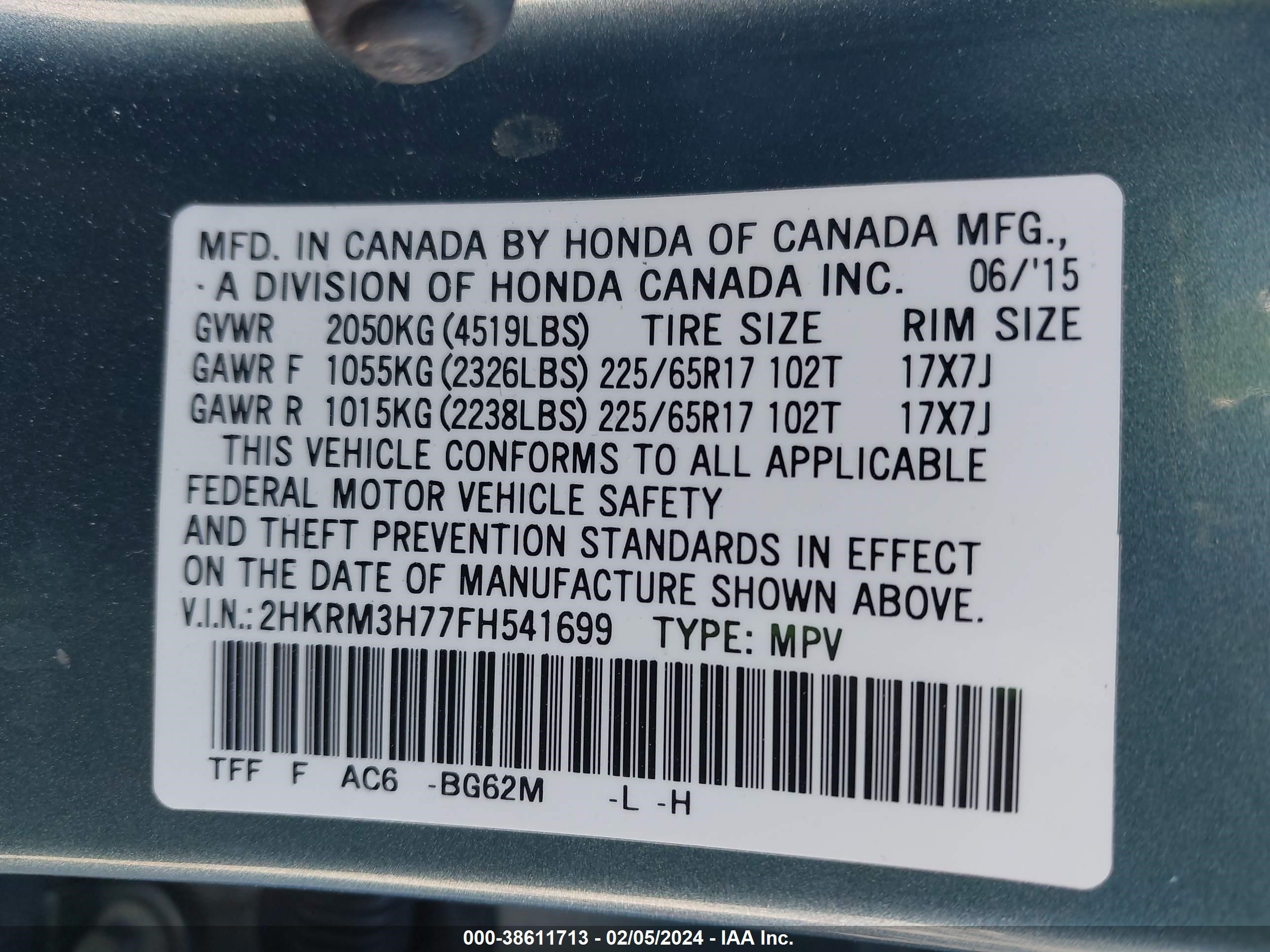 Photo 8 VIN: 2HKRM3H77FH541699 - HONDA CR-V 