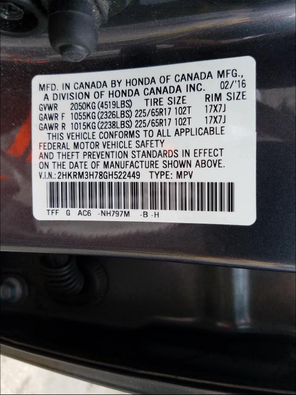 Photo 9 VIN: 2HKRM3H78GH522449 - HONDA CR-V EXL 