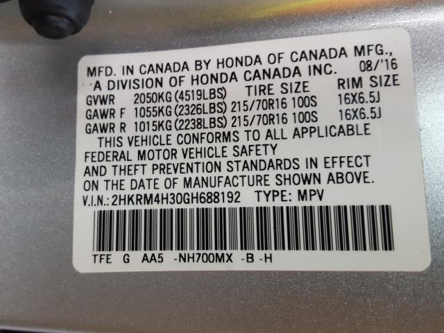 Photo 9 VIN: 2HKRM4H30GH688192 - HONDA CR-V LX 