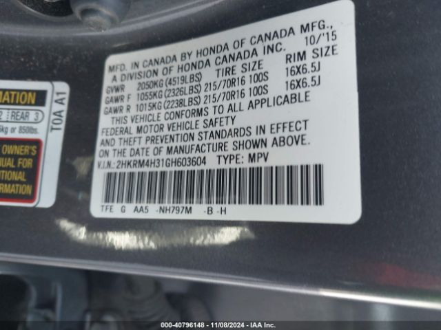 Photo 8 VIN: 2HKRM4H31GH603604 - HONDA CR-V 