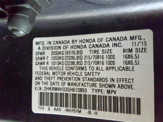 Photo 9 VIN: 2HKRM4H33GH610893 - HONDA CR-V LX 