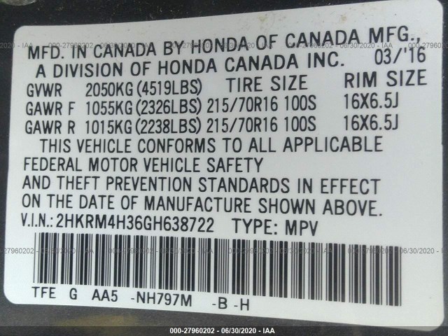 Photo 8 VIN: 2HKRM4H36GH638722 - HONDA CR-V 