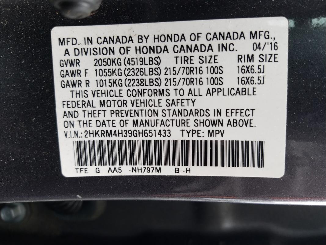 Photo 9 VIN: 2HKRM4H39GH651433 - HONDA CR-V LX 