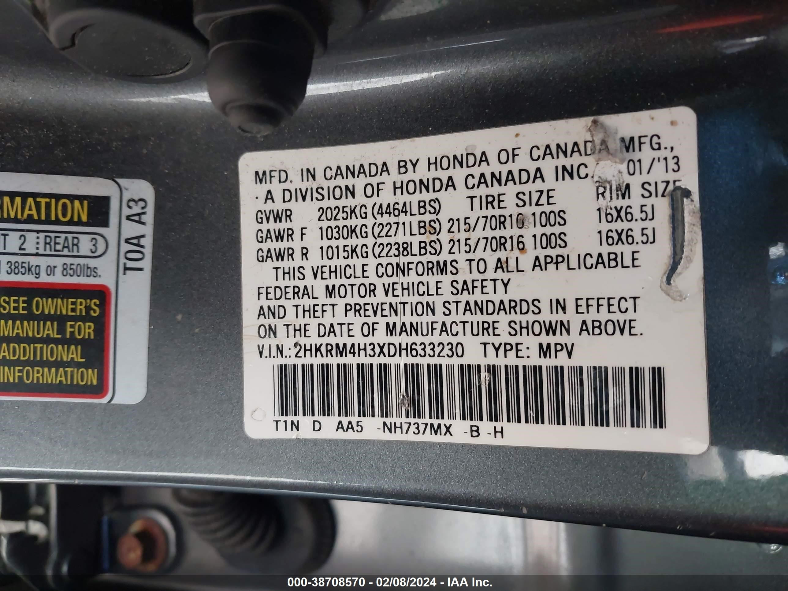 Photo 8 VIN: 2HKRM4H3XDH633230 - HONDA CR-V 