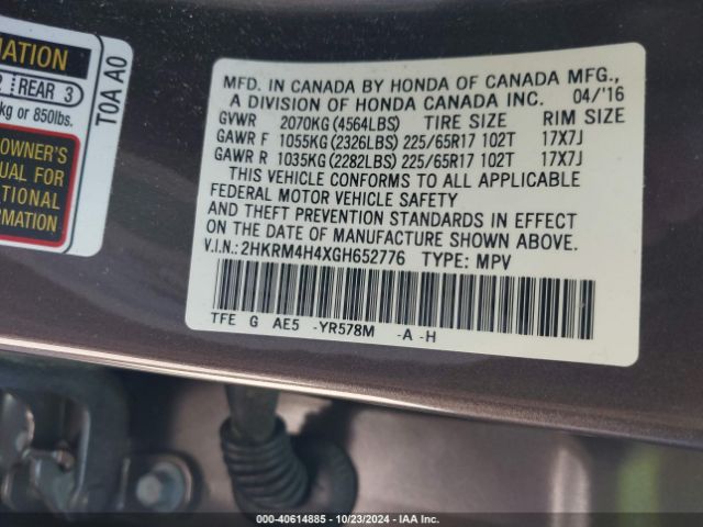 Photo 8 VIN: 2HKRM4H4XGH652776 - HONDA CR-V 