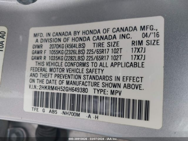 Photo 8 VIN: 2HKRM4H52GH649380 - HONDA CR-V 