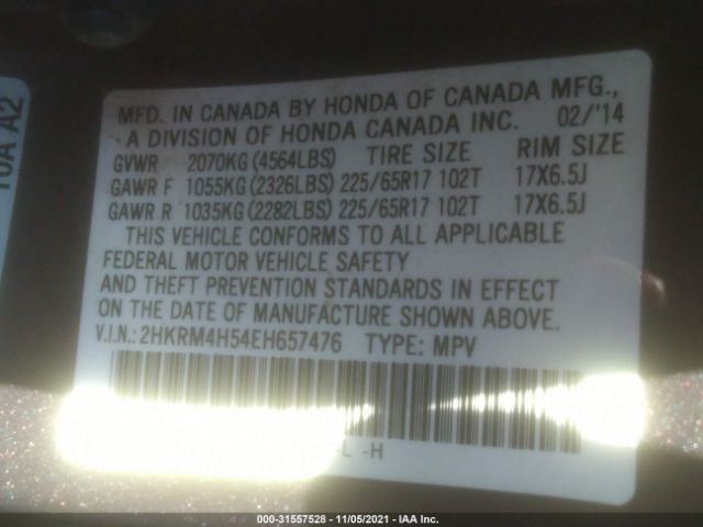 Photo 8 VIN: 2HKRM4H54EH657476 - HONDA CR-V 