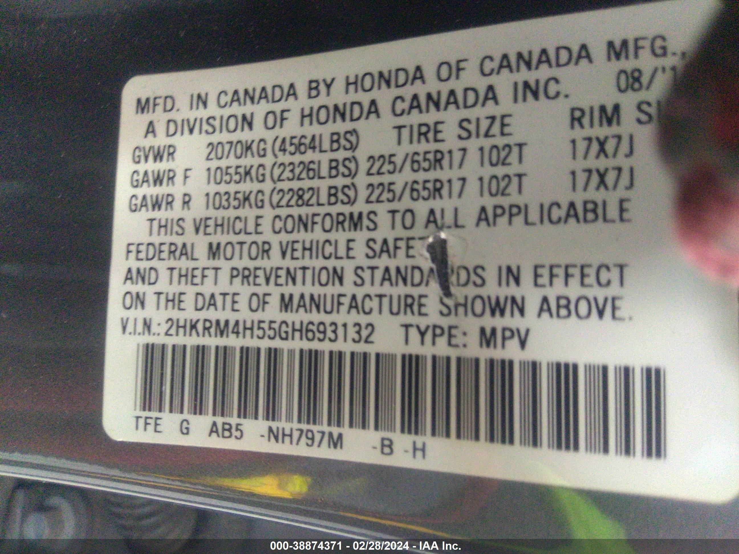 Photo 8 VIN: 2HKRM4H55GH693132 - HONDA CR-V 