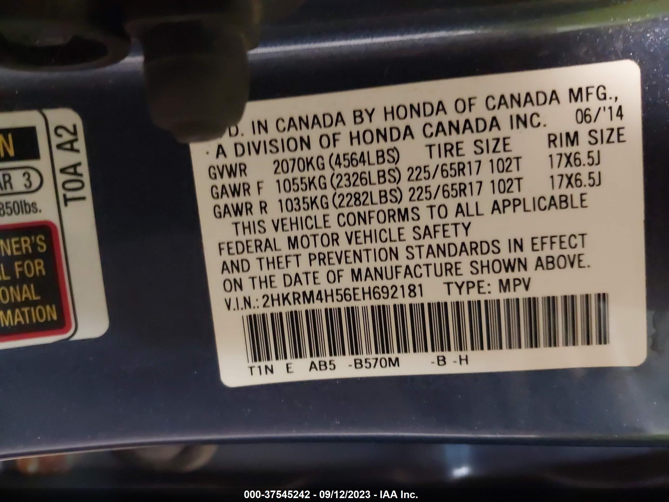 Photo 8 VIN: 2HKRM4H56EH692181 - HONDA CR-V 