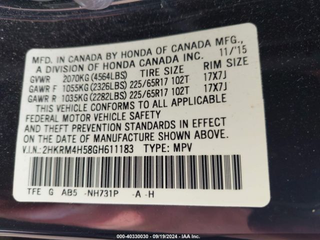 Photo 8 VIN: 2HKRM4H58GH611183 - HONDA CR-V 