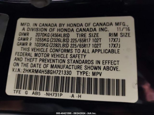 Photo 8 VIN: 2HKRM4H58GH721330 - HONDA CR-V 