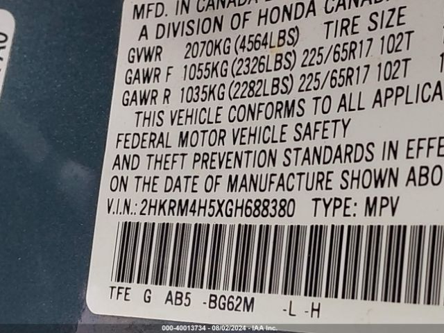 Photo 8 VIN: 2HKRM4H5XGH688380 - HONDA CR-V 