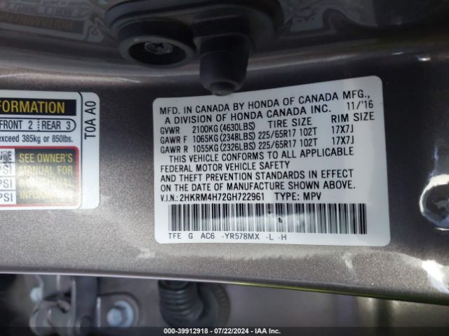 Photo 8 VIN: 2HKRM4H72GH722961 - HONDA CR-V 