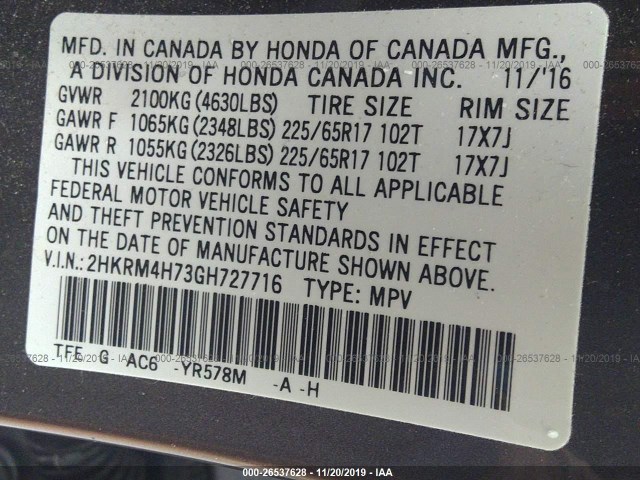 Photo 8 VIN: 2HKRM4H73GH727716 - HONDA CR-V 