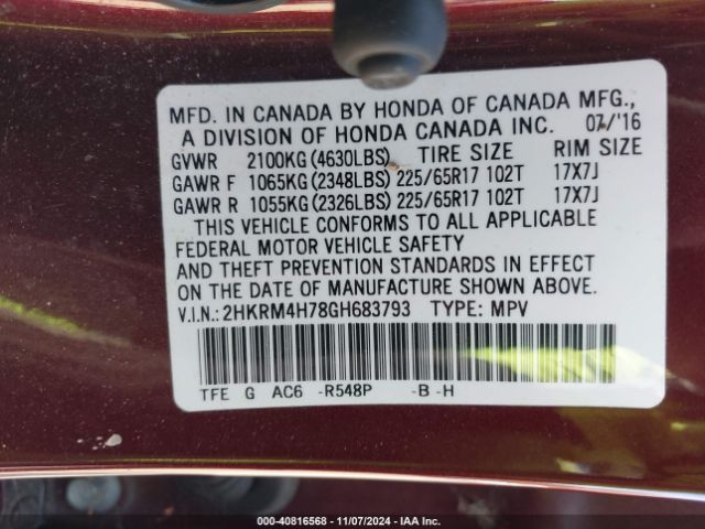 Photo 8 VIN: 2HKRM4H78GH683793 - HONDA CR-V 