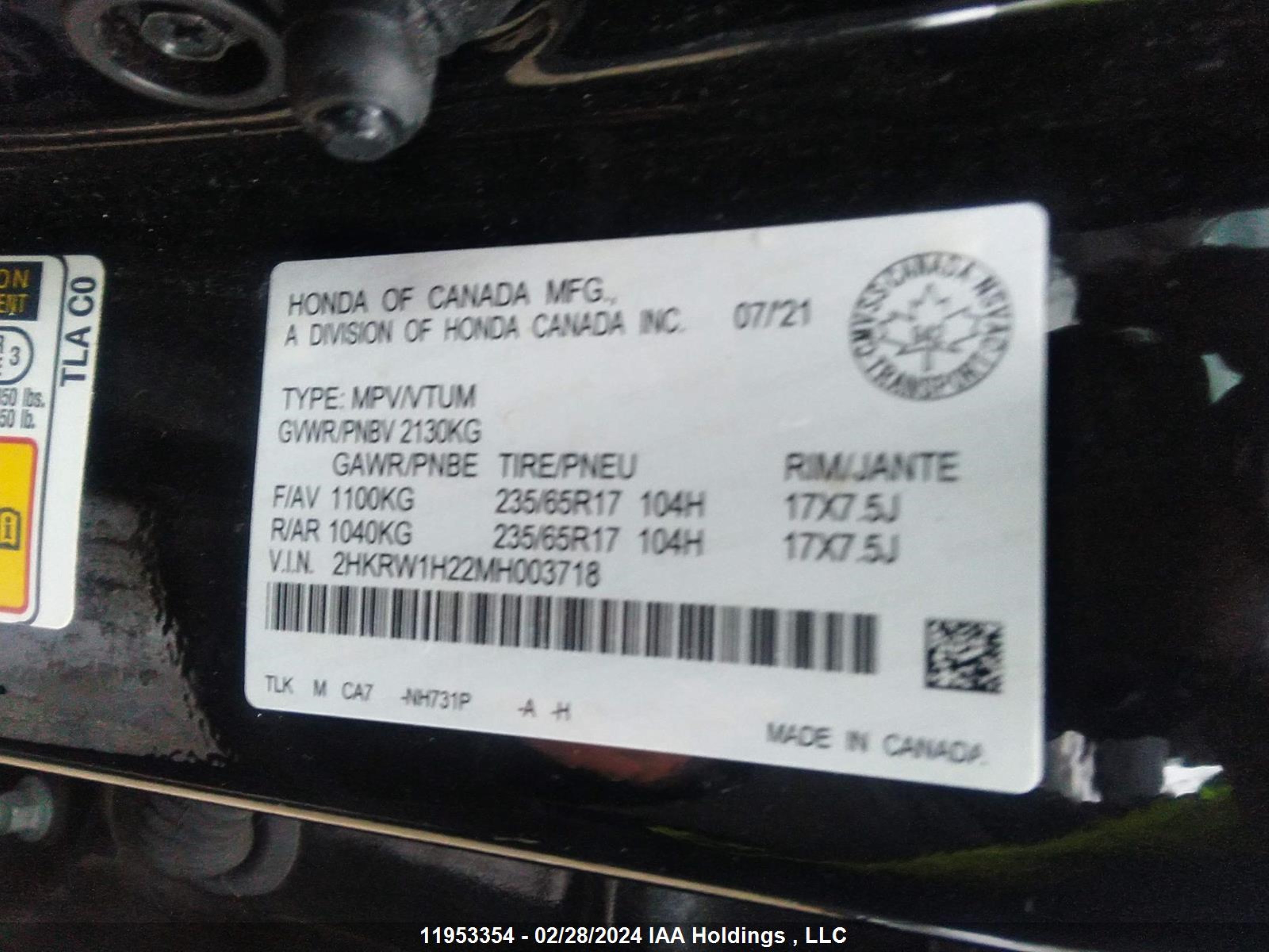 Photo 8 VIN: 2HKRW1H22MH003718 - HONDA CR-V 