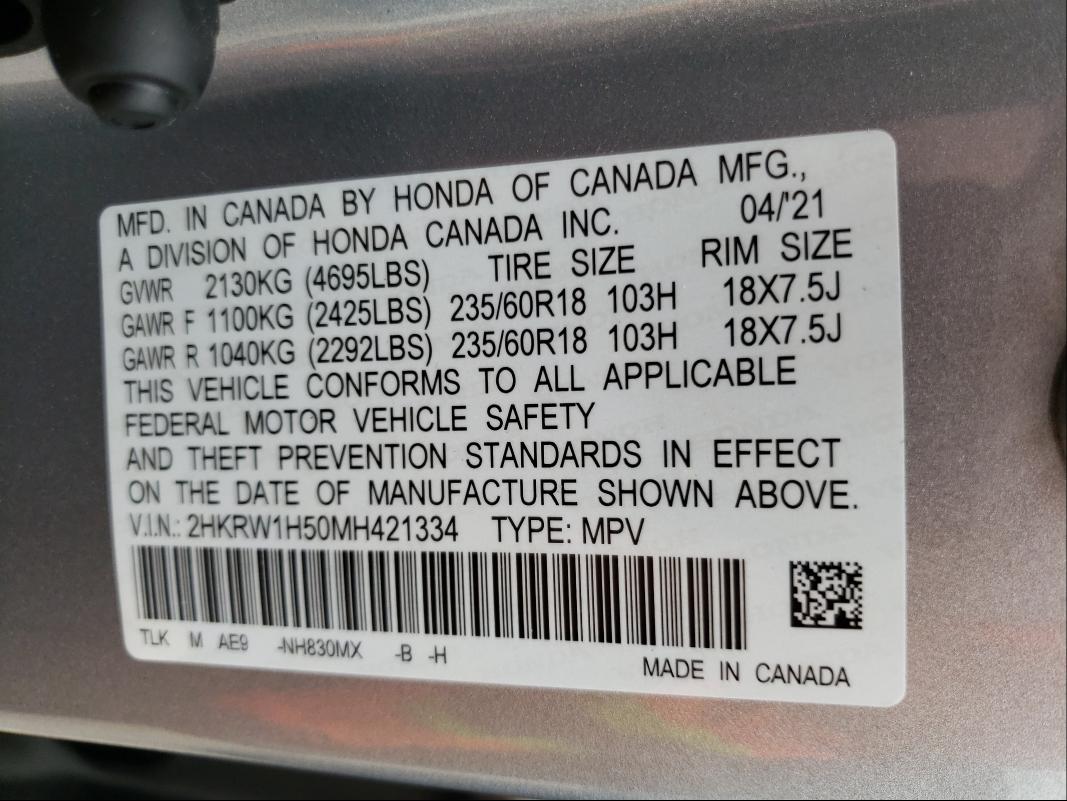 Photo 9 VIN: 2HKRW1H50MH421334 - HONDA CR-V EX 