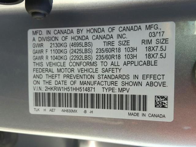 Photo 9 VIN: 2HKRW1H51HH514871 - HONDA CR-V EX 