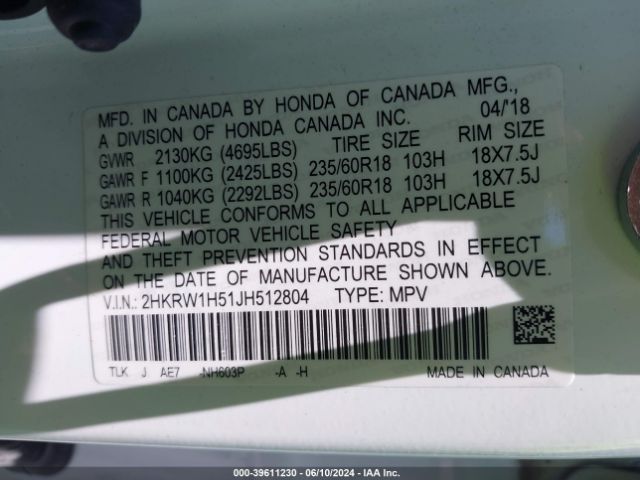 Photo 8 VIN: 2HKRW1H51JH512804 - HONDA CR-V 