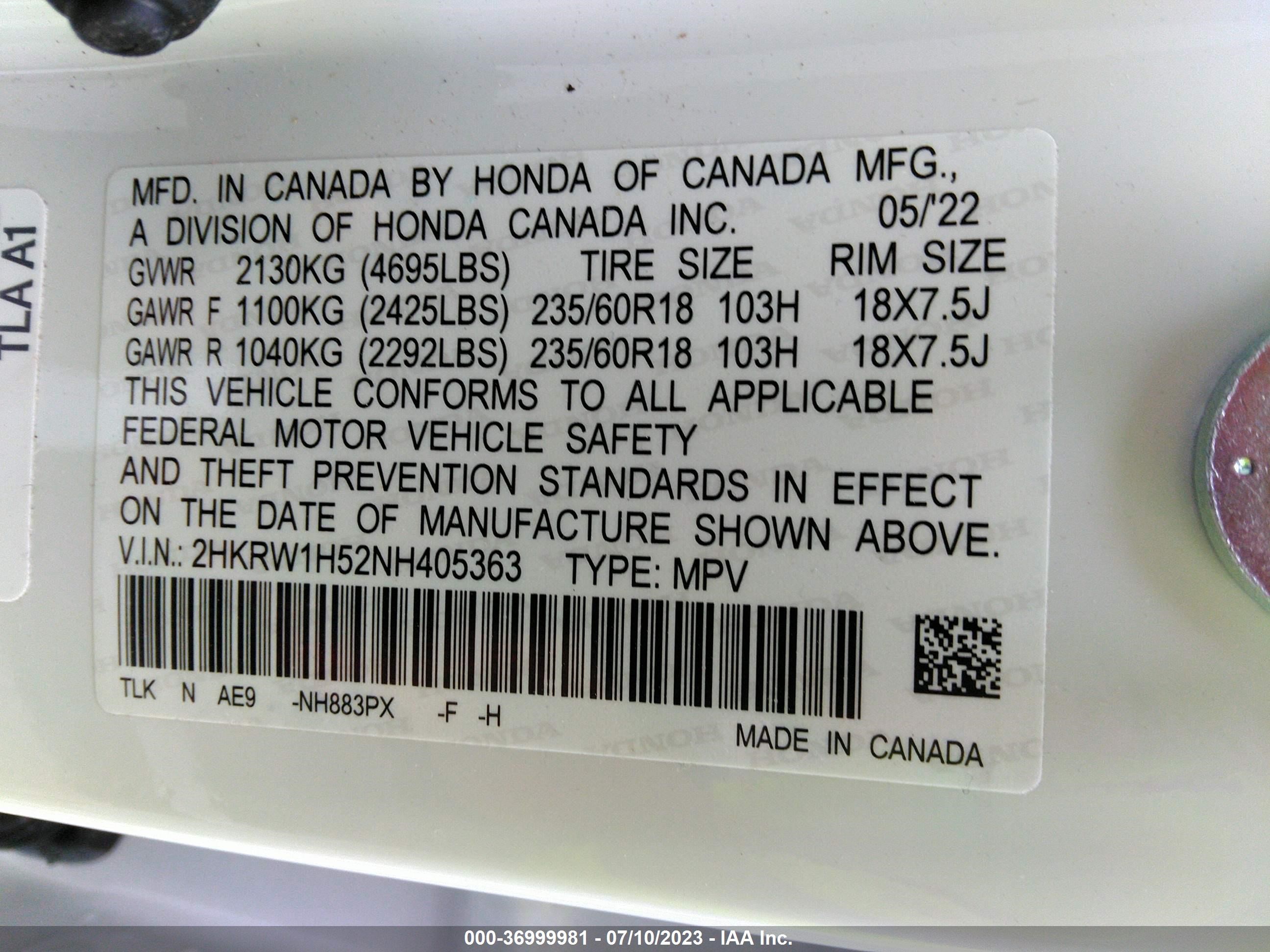 Photo 8 VIN: 2HKRW1H52NH405363 - HONDA CR-V 