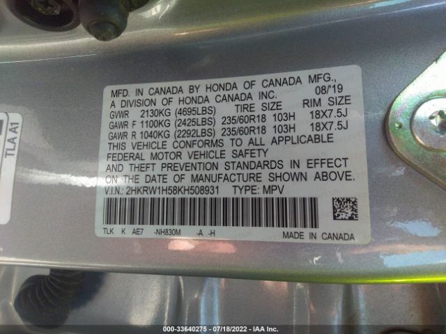 Photo 8 VIN: 2HKRW1H58KH508931 - HONDA CR-V 