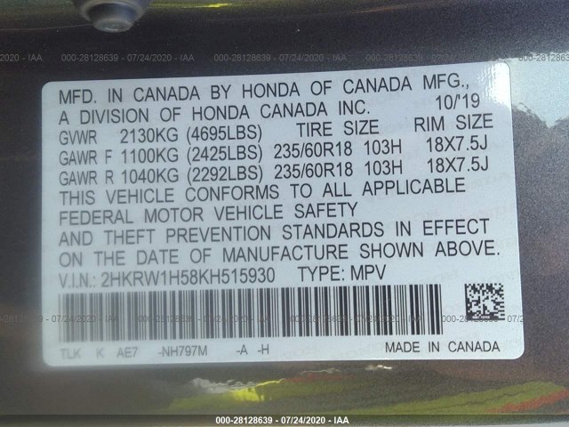 Photo 8 VIN: 2HKRW1H58KH515930 - HONDA CR-V 