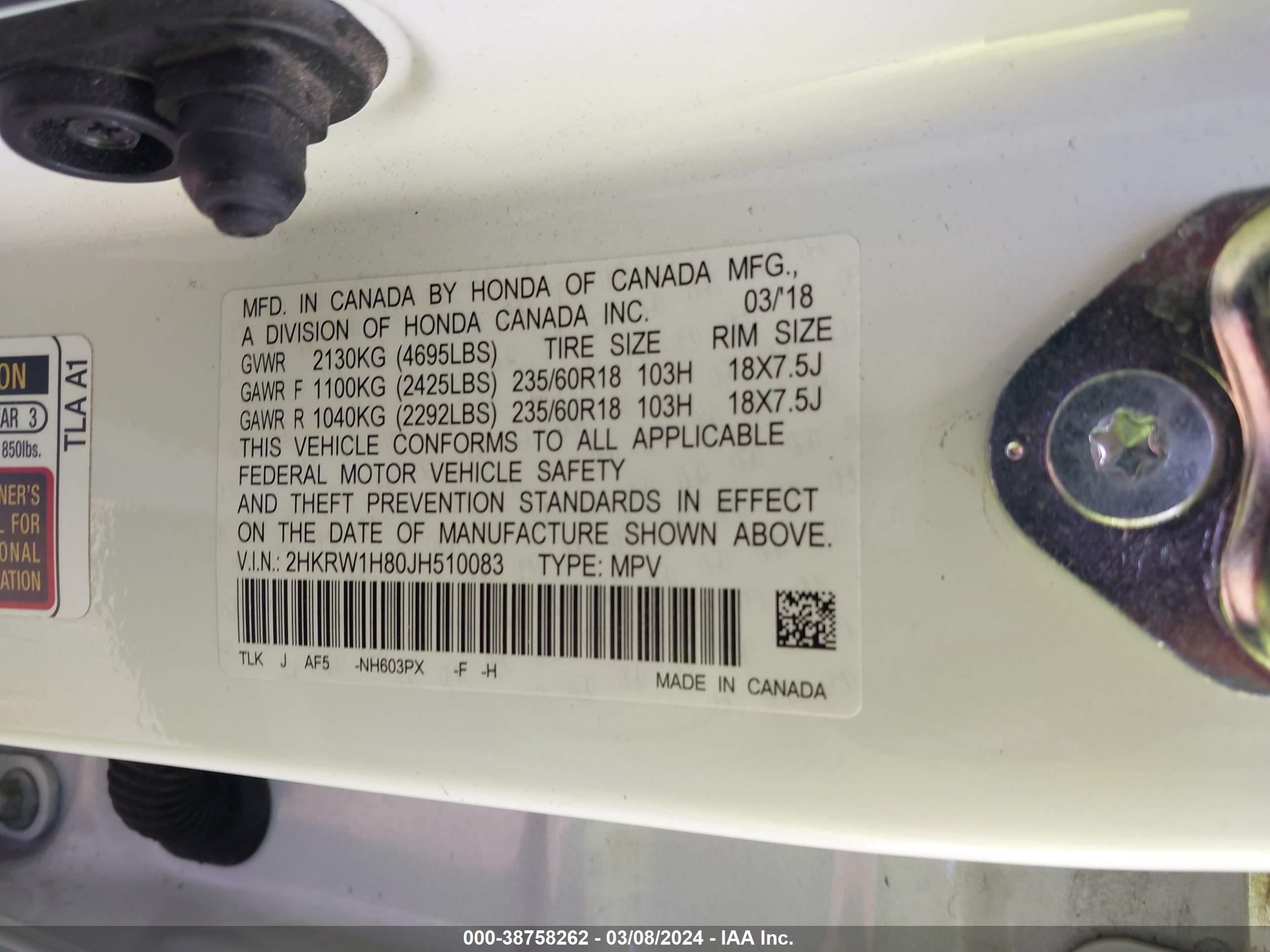 Photo 8 VIN: 2HKRW1H80JH510083 - HONDA CR-V 