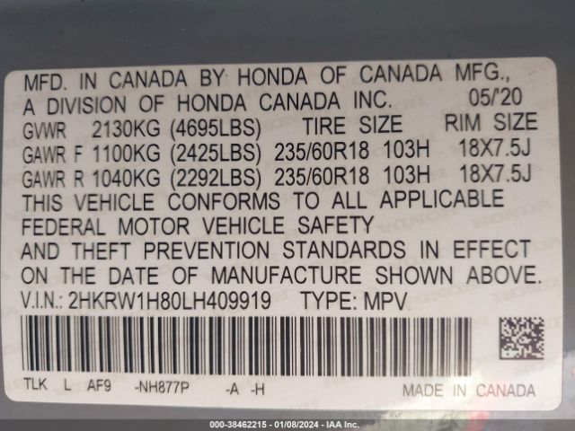 Photo 8 VIN: 2HKRW1H80LH409919 - HONDA CR-V 