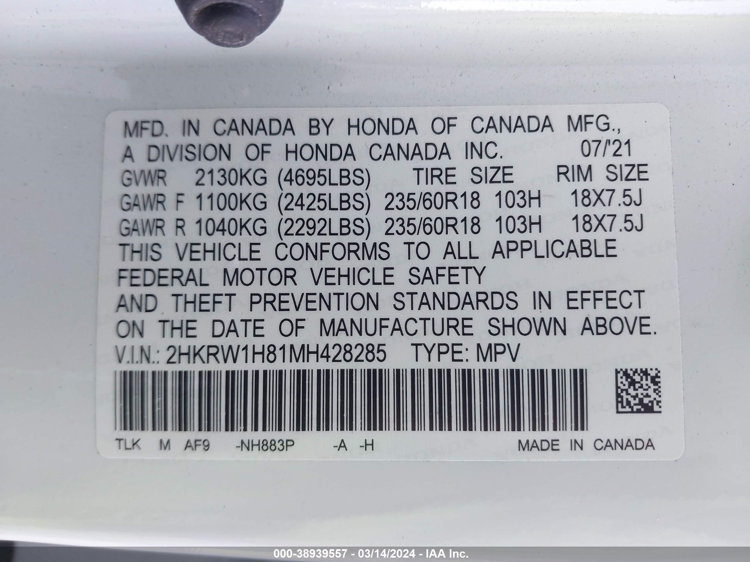 Photo 8 VIN: 2HKRW1H81MH428285 - HONDA CR-V 