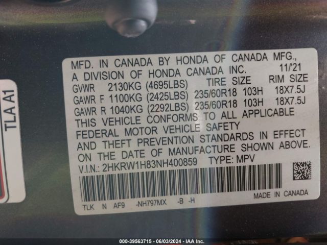 Photo 8 VIN: 2HKRW1H83NH400859 - HONDA CR-V 