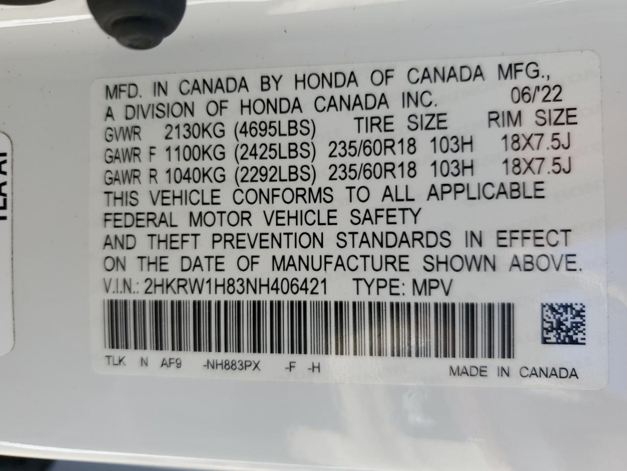 Photo 12 VIN: 2HKRW1H83NH406421 - HONDA CR-V 