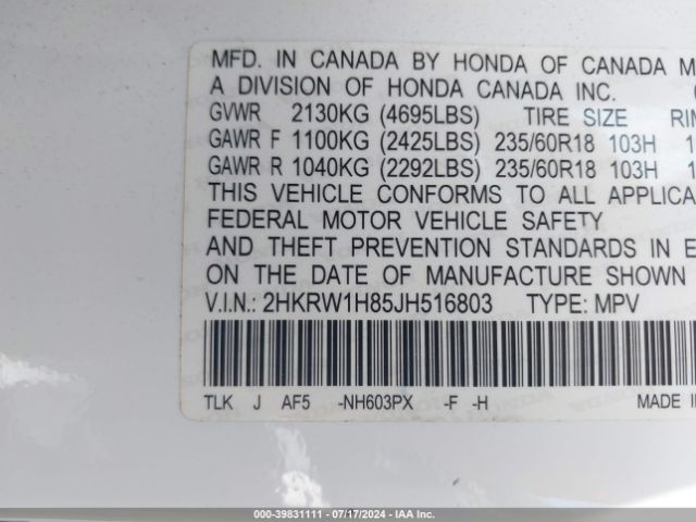 Photo 8 VIN: 2HKRW1H85JH516803 - HONDA CR-V 