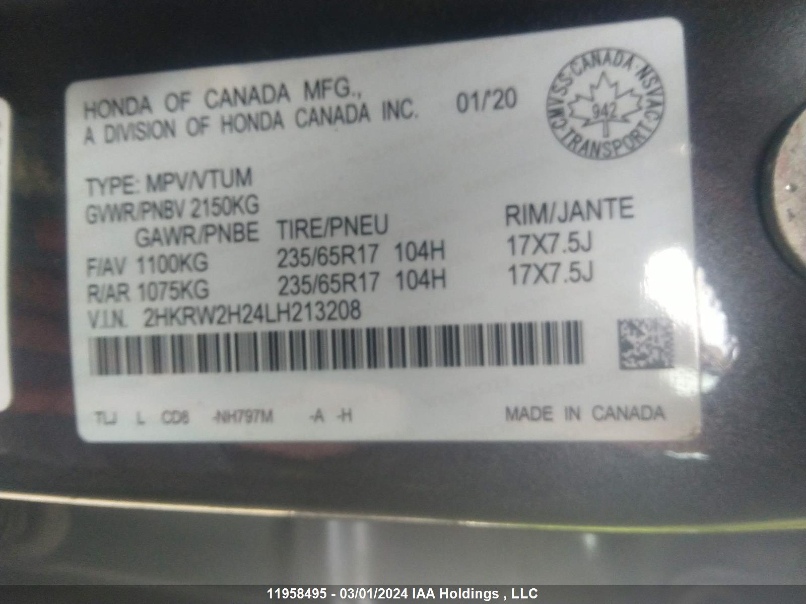 Photo 8 VIN: 2HKRW2H24LH213208 - HONDA CR-V 