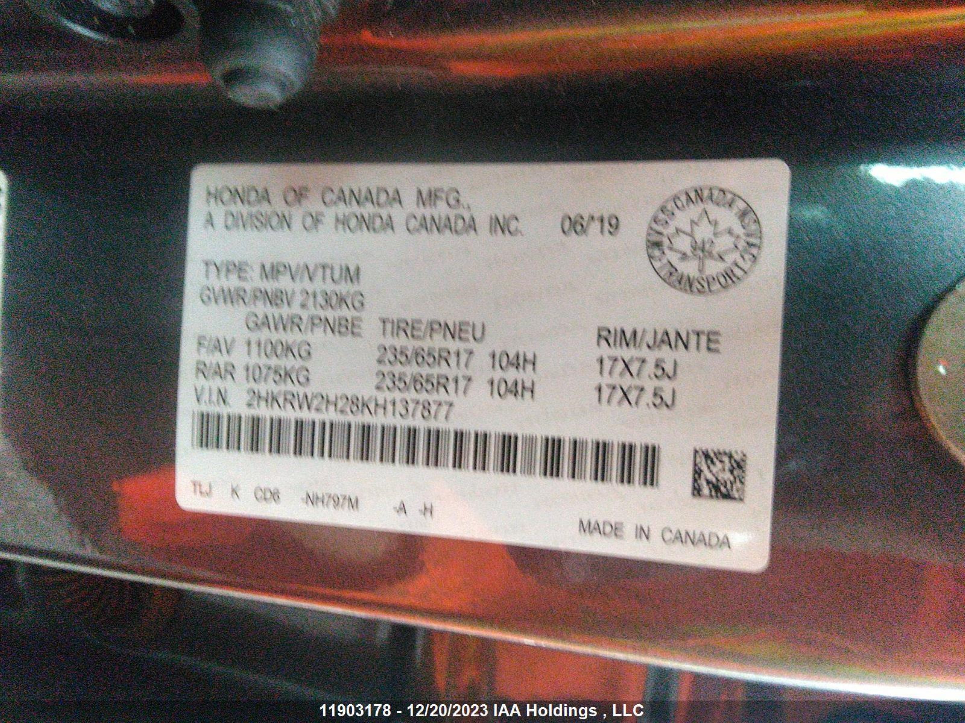 Photo 8 VIN: 2HKRW2H28KH137877 - HONDA CR-V 