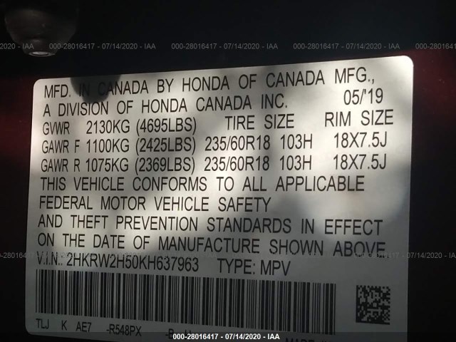 Photo 8 VIN: 2HKRW2H50KH637963 - HONDA CR-V 