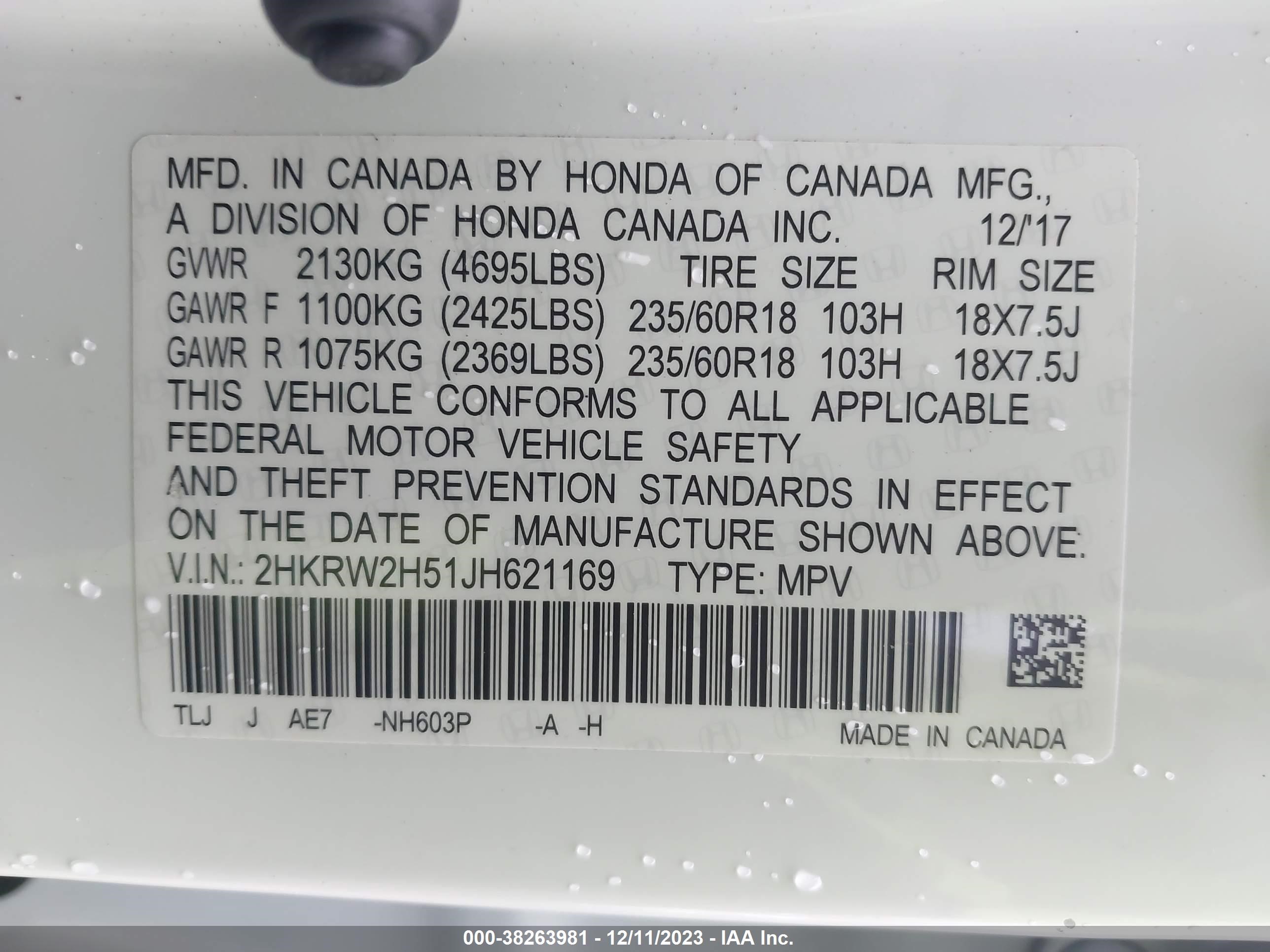 Photo 8 VIN: 2HKRW2H51JH621169 - HONDA CR-V 