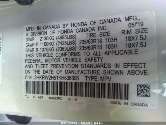 Photo 8 VIN: 2HKRW2H51KH636806 - HONDA CR-V 