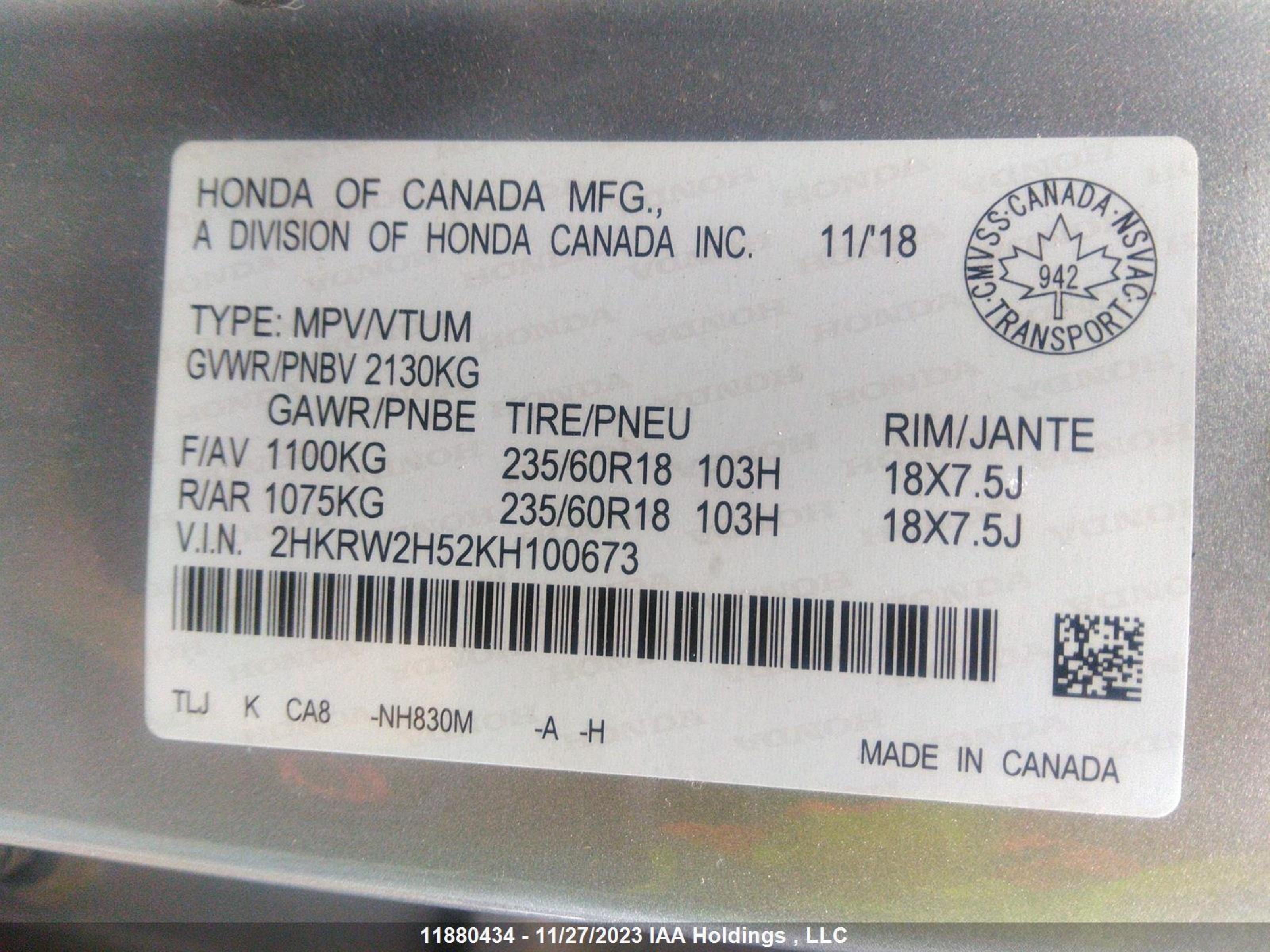 Photo 8 VIN: 2HKRW2H52KH100673 - HONDA CR-V 